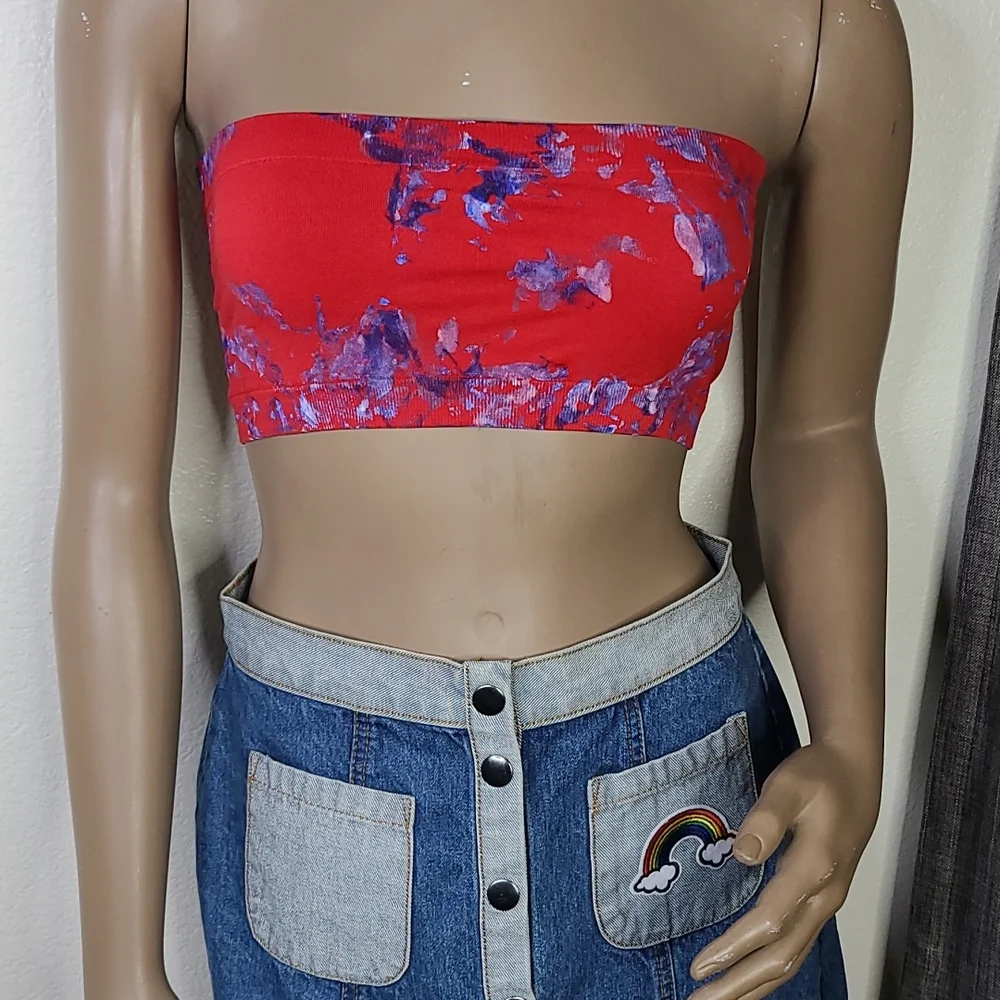 Bandeau Bra Top Size Small Medium Tie Dye Hand Painted Red Blue Stretch Summer - Picture 1 of 2